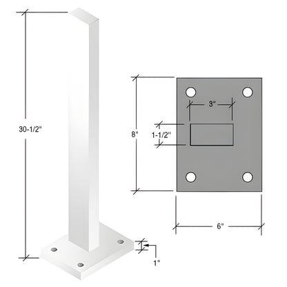 Cielo windscreens post SKU CS3W - white zinc plated steel 30 in. post with 8 6 1 in. base plate and bolt holes.