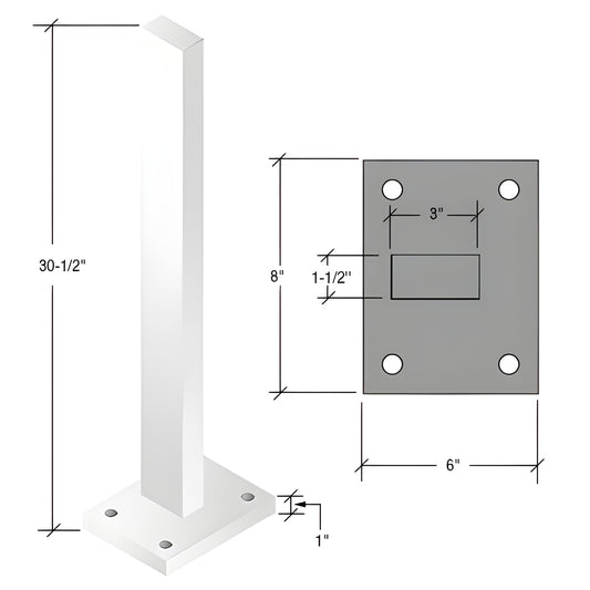 Cielo windscreens post SKU CS3W - white zinc plated steel 30 in. post with 8 6 1 in. base plate and bolt holes.