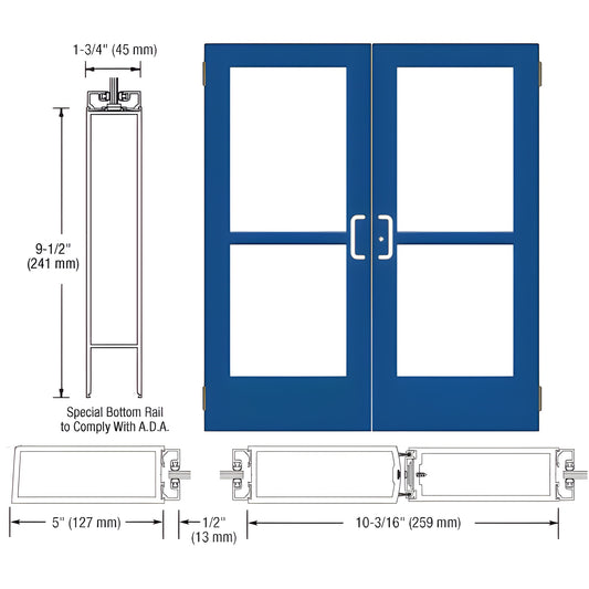 Double custom wide stile blue entrance door with four glass panels, ADA 9-1/2" bottom rail, SKU CZ52571