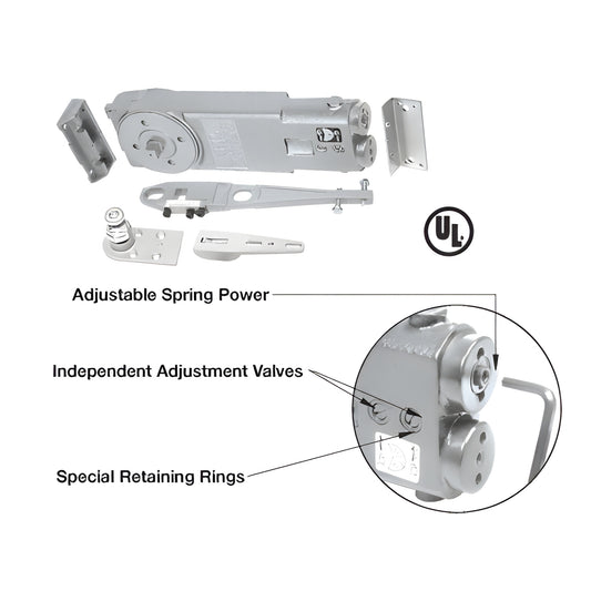 CRL8762S aluminum concealed overhead door closer kit with arm, pivot, mounting clips and close-up of adjustment valves (UL)