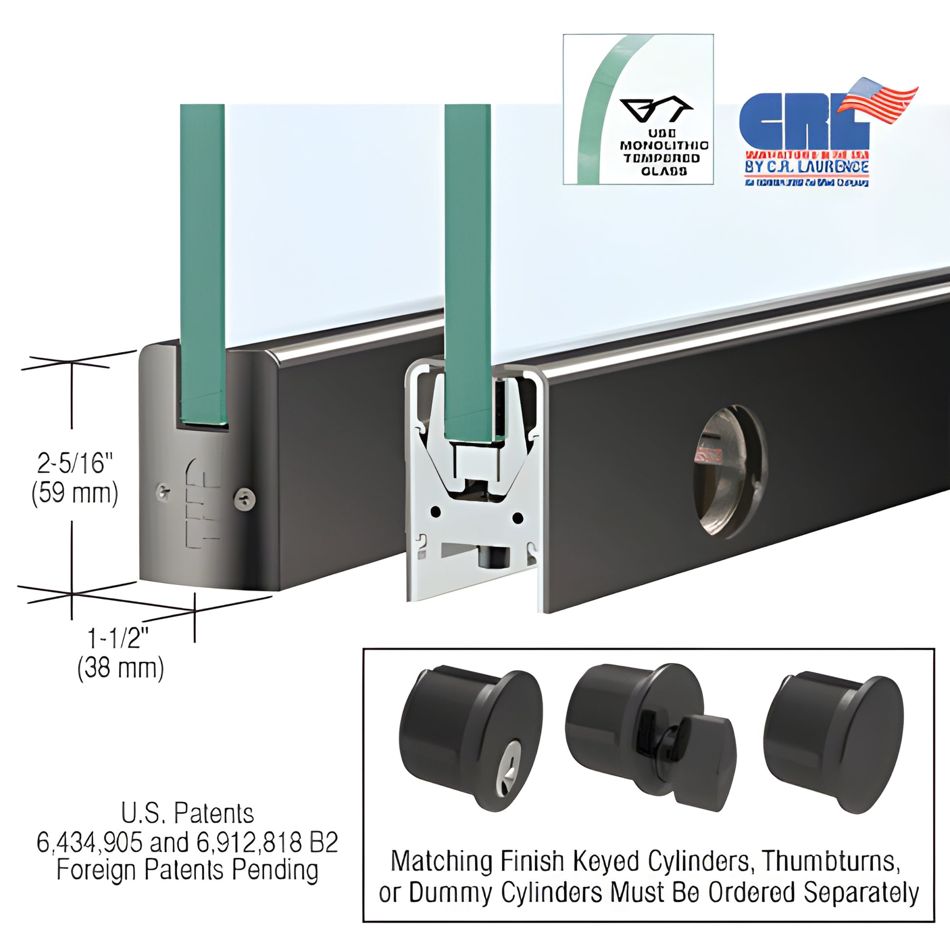 Gloss black low-profile aluminum door rail with Wedge-Lock for 3/8-1/2" glass, includes lock; 2-5/16" x 1-1/2"