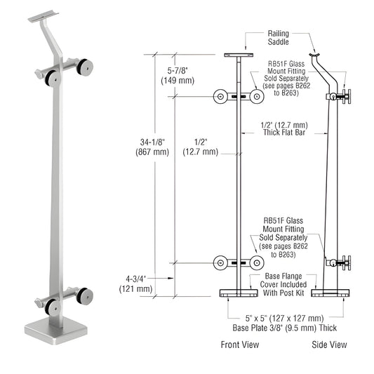 CRL P536CPS polished stainless steel P5 glass railing post; for 1/2-1" glass, fits Schedule 40 handrail tubing