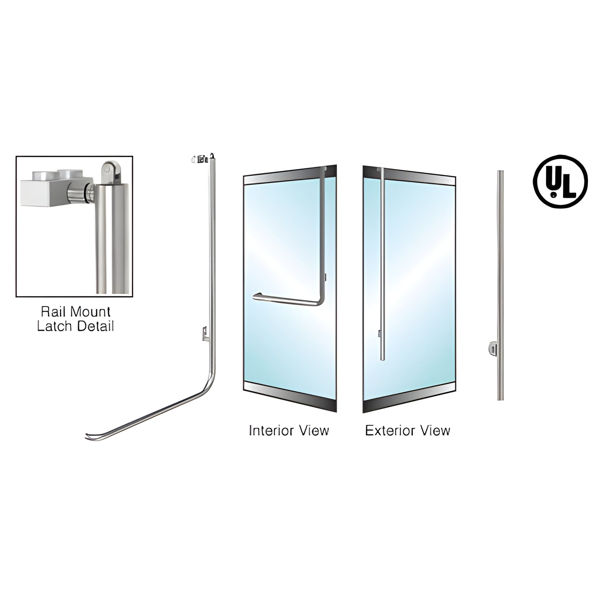 Brushed stainless low-profile 1-1/4" panic rail handle for 1/2"-3/4" glass doors, interior push bar with rail-mount latch