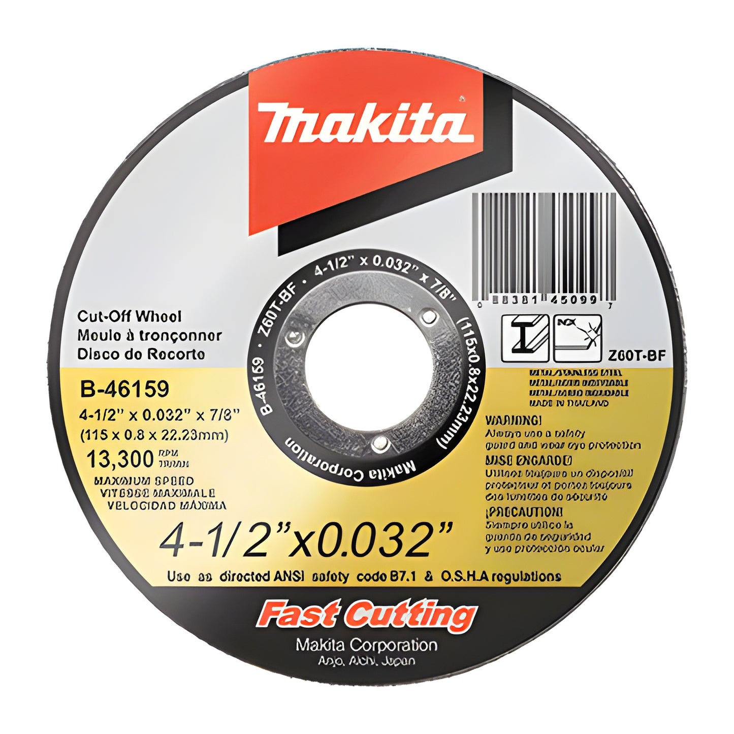 Makita cut-off wheel B46159 - 4-1/2" x 0.032" ultra-thin abrasive blade, 7/8" arbor, "Fast Cutting" label.