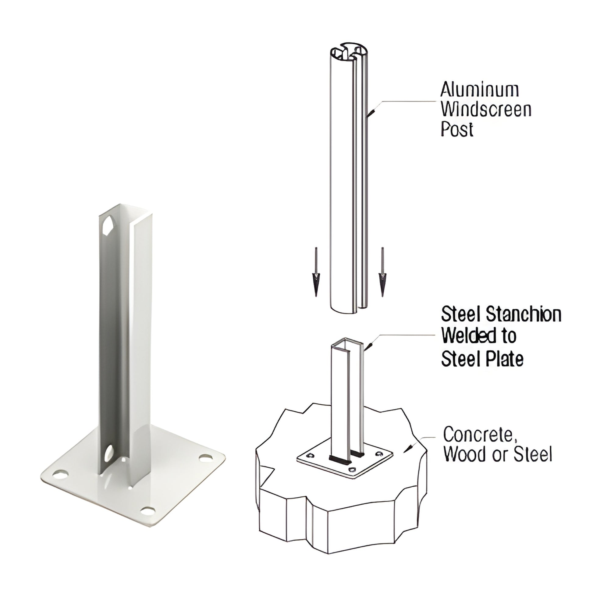 PSB1AW sky-white welded steel stanchion on 5 in base plate with 4 mounting holes, for surface-mount railing posts up to 24 in