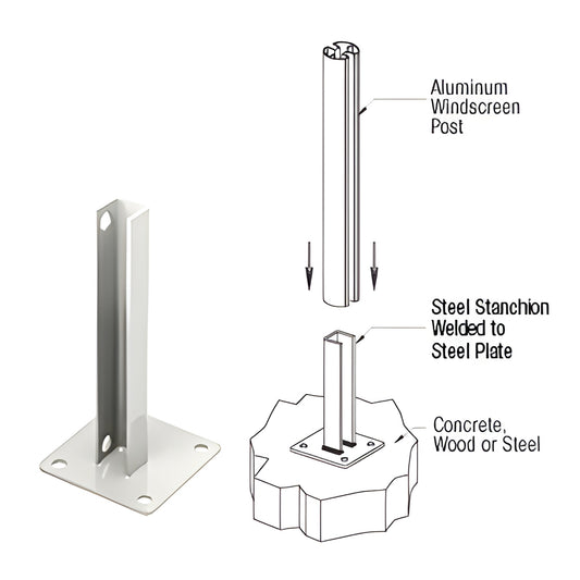 PSB1AW sky-white welded steel stanchion on 5 in base plate with 4 mounting holes, for surface-mount railing posts up to 24 in