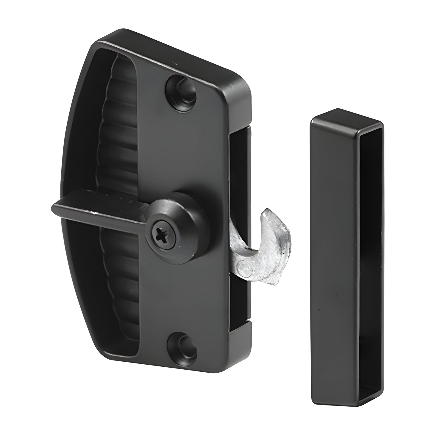 Black diecast inside latch and pull with matching strike, surface-mount commercial door hardware (SKU A155)