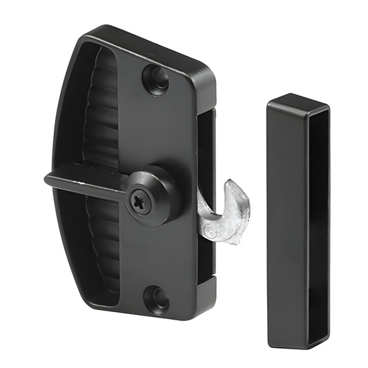Black diecast inside latch and pull with matching strike, surface-mount commercial door hardware (SKU A155)