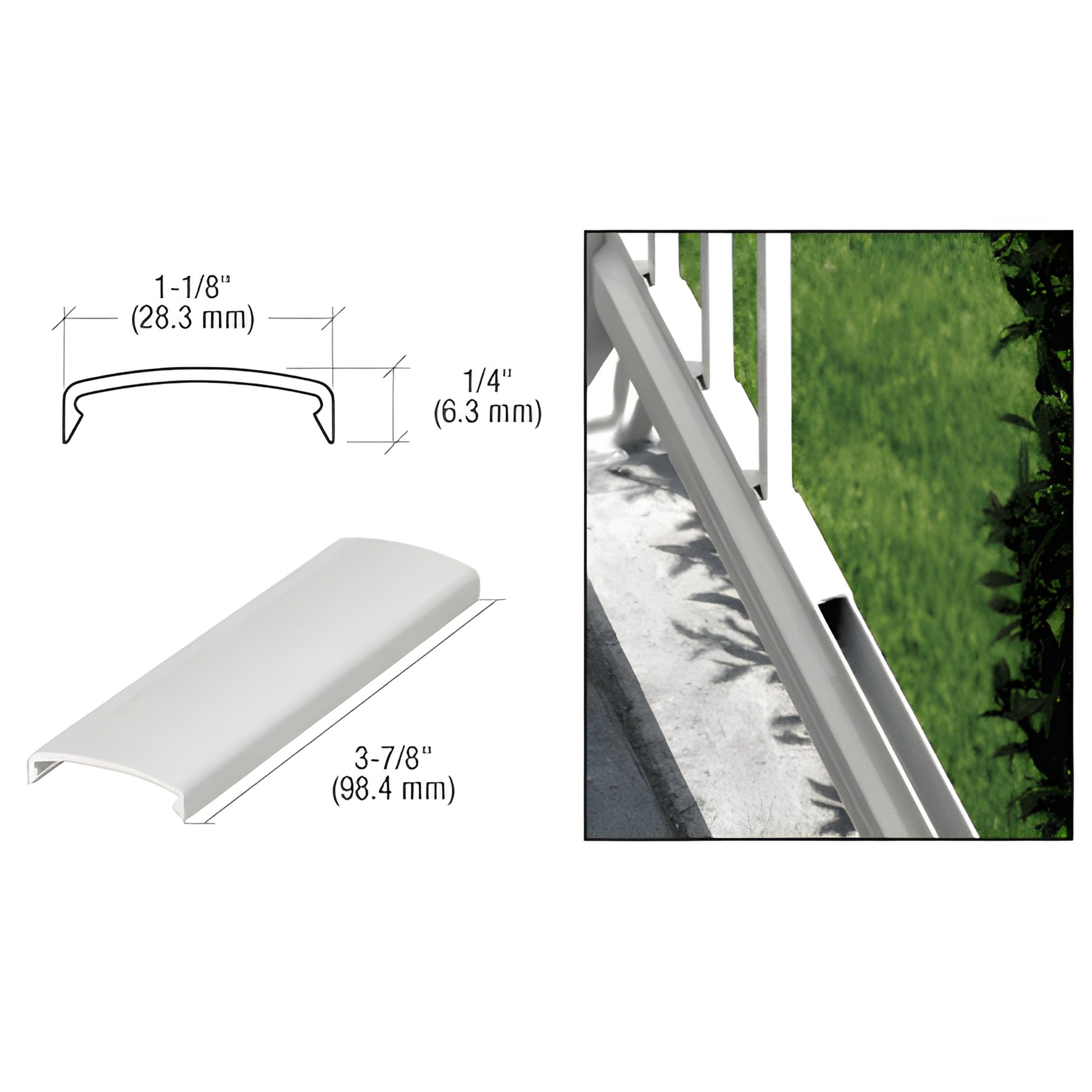 Silver metallic aluminum picket spacer (SKU 1PSS), 3-7/8 in snap-on spacer for 5/8 in square pickets