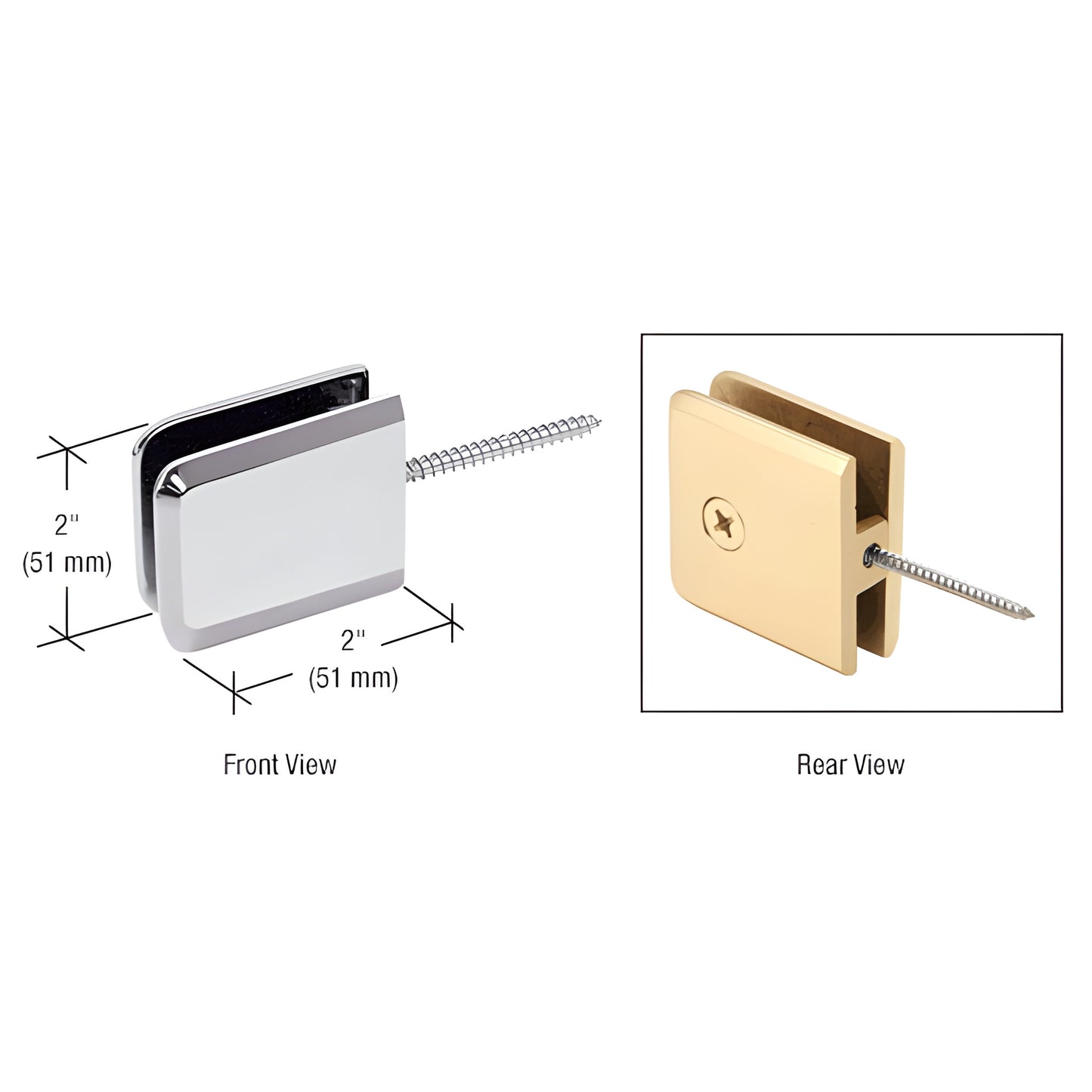 Polished chrome beveled brass wall-mount movable transom clamp BGC186CH, front and rear views, for 3/8-1/2" glass.