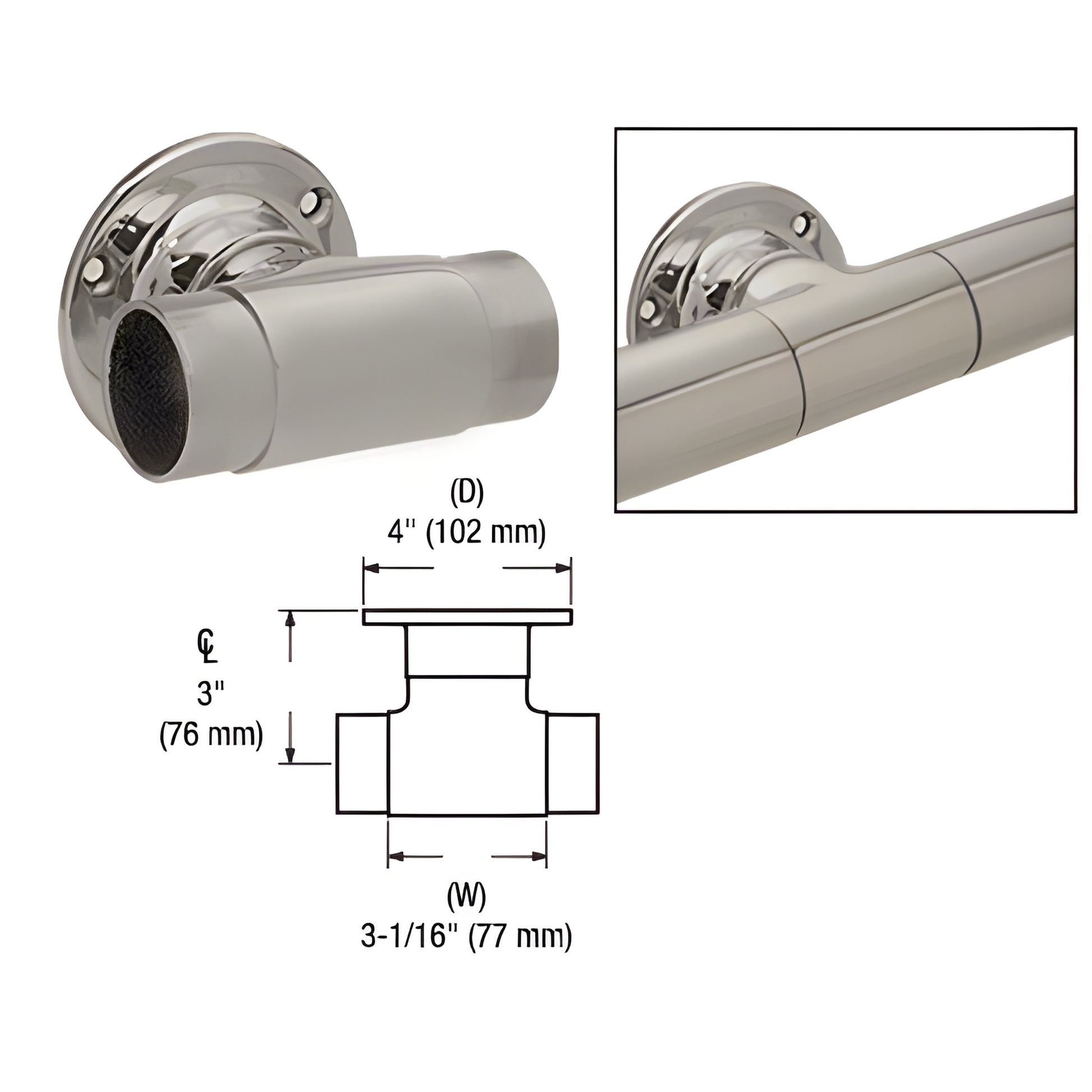 HR20UBS brushed stainless flush wall-mount tee for 3" (76 mm) handrail tubing, low-profile connector.