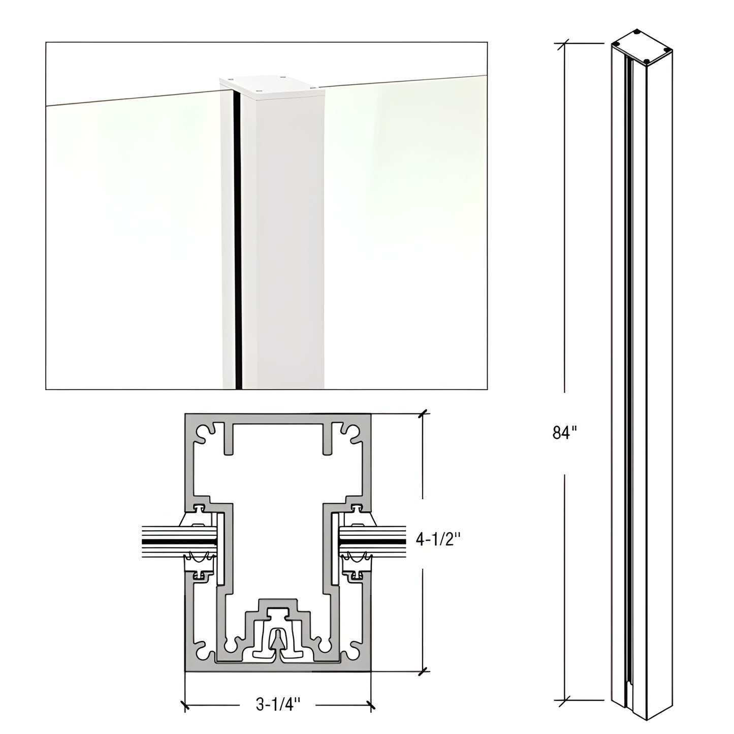 Cielo post windscreen (SKU C84CKW) white aluminum, 84 in tall, 3 1/4 in face, 4 1/2 in depth, fits 1/2-9/16 in glass