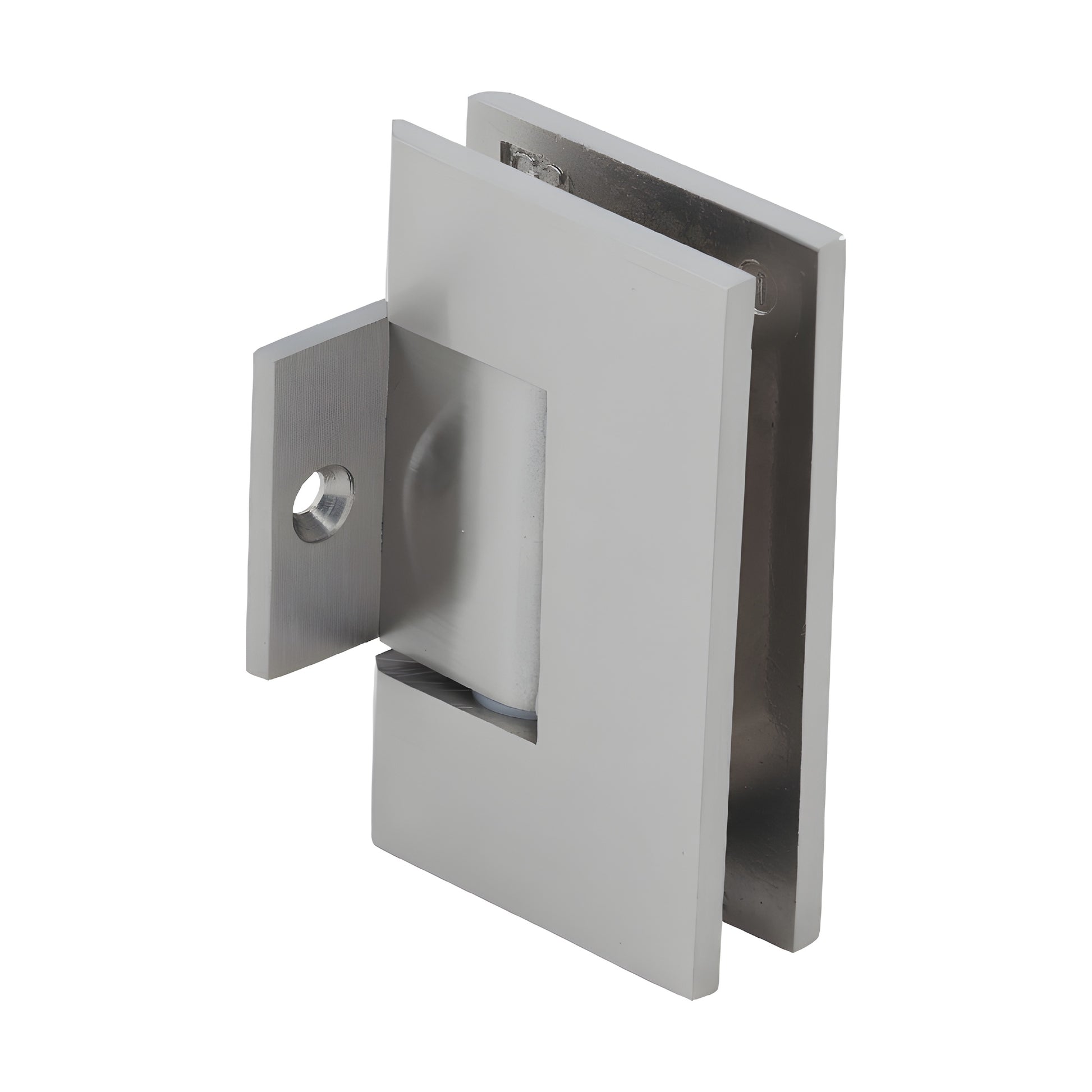 GEN280BN brushed-nickel pony wall mount shower hinge for 8-12mm glass, self-centering square brass pivot.
