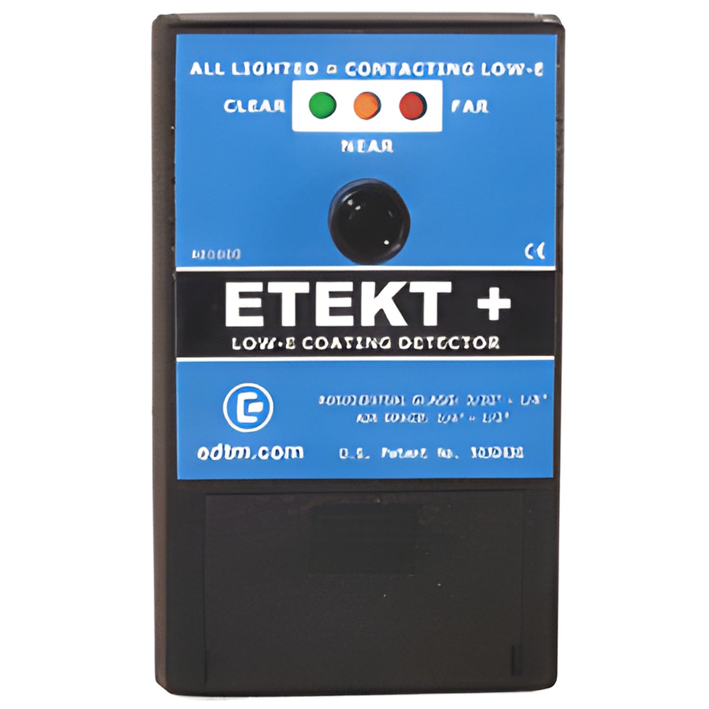 Handheld blue/black Low E glass coating detector AE1601 with three indicator lights and knob, 9V battery.