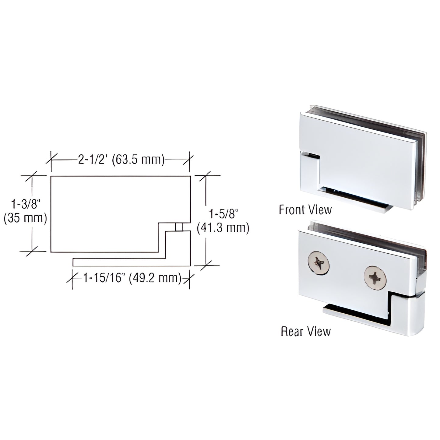 Polished chrome surface-mount pivot hinge FA50CH for 1/4-5/16 in. (6-8mm) frameless glass doors, front and rear views.