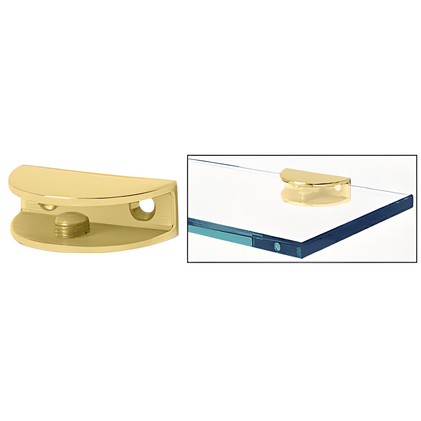 FA12SB satin brass solid-brass shelf clamp for 6-10mm glass, wall/ceiling mount, nylon-tipped set screw.