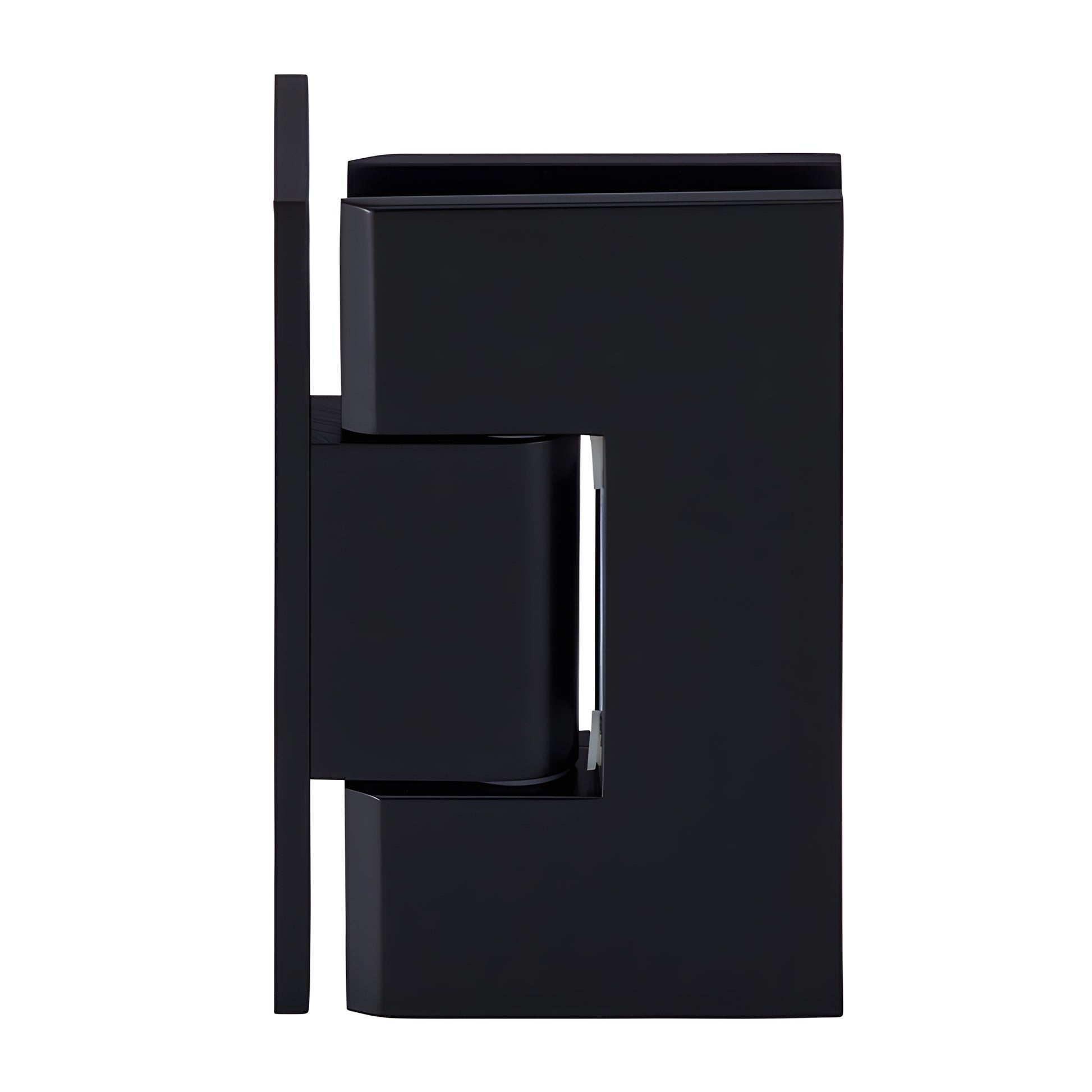 Matte black solid brass Vienna shower door hinge (SKU V1E044MBL) for 10-12mm tempered glass, wall-mount offset.