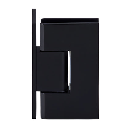 Matte black solid brass Vienna shower door hinge (SKU V1E044MBL) for 10-12mm tempered glass, wall-mount offset.