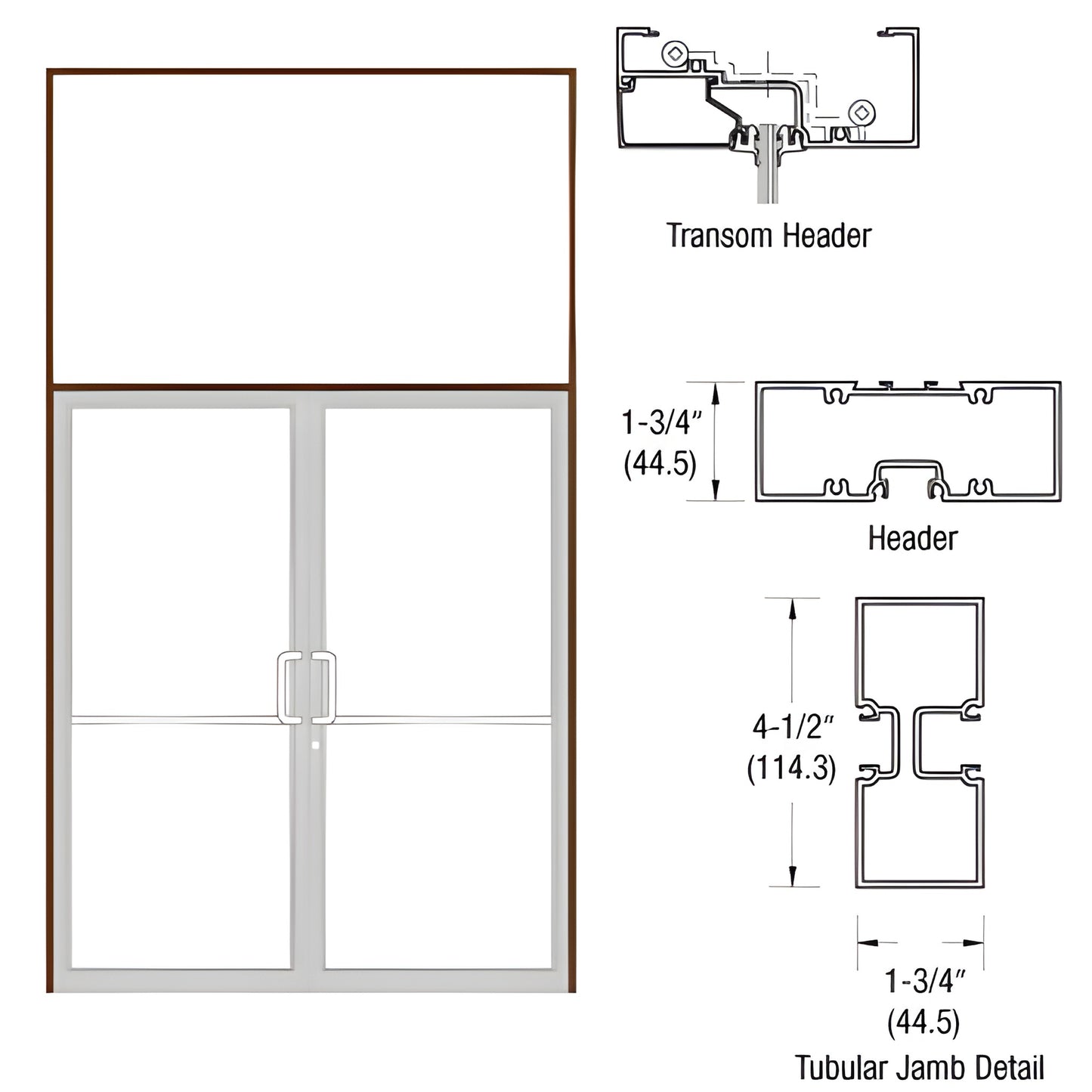 Double-door aluminum frame with transom, black bronze anodized finish, 75-1/2" x 126" overall; SKU FZ6252272