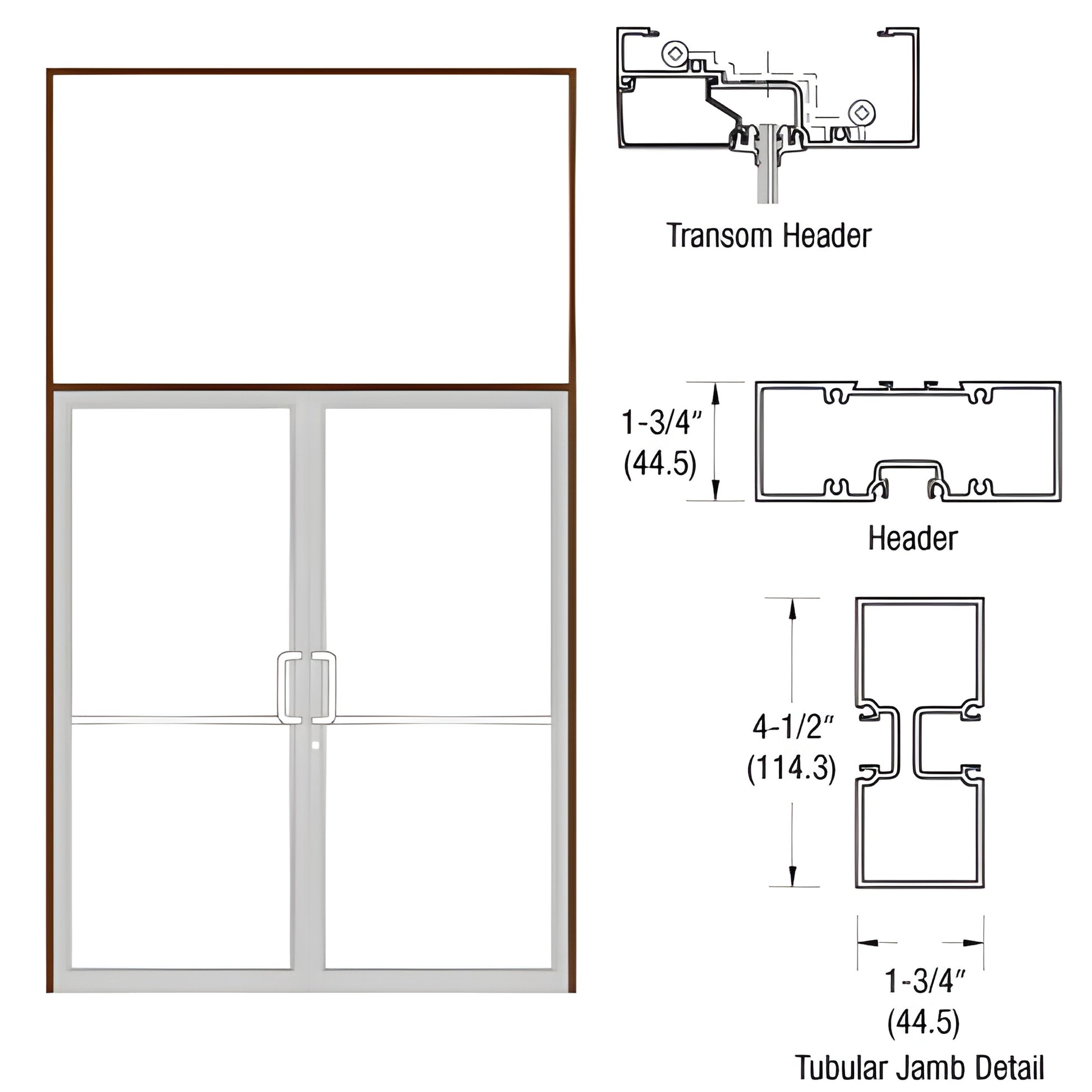 Double-door aluminum frame with transom, black bronze anodized finish, 75-1/2" x 126" overall; SKU FZ6252272