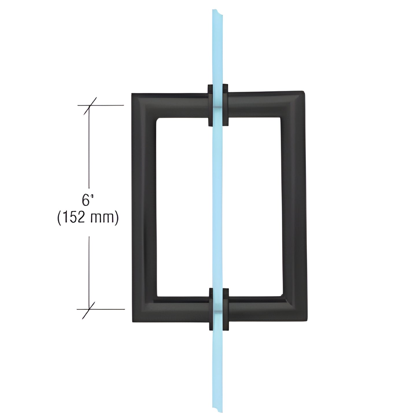 Matte black mitered corner rectangular back to back glass pull handle, 6" C C, fits 6-12mm glass. SKU MT6X6MBL