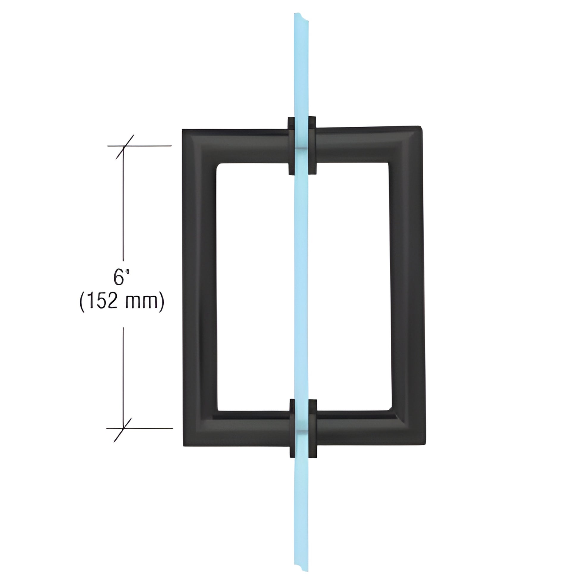Matte black mitered corner rectangular back to back glass pull handle, 6" C C, fits 6-12mm glass. SKU MT6X6MBL