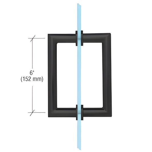 Matte black mitered corner rectangular back to back glass pull handle, 6" C C, fits 6-12mm glass. SKU MT6X6MBL