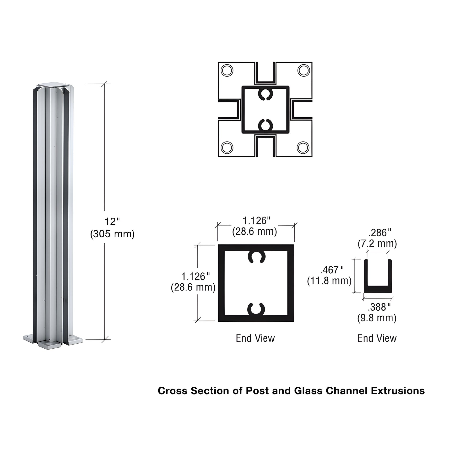 Satin anodized aluminum 4-way square partition post with full-length glazing channels, 12 in, mounting base.