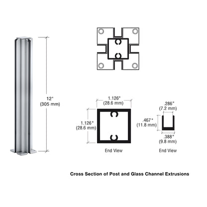 Satin anodized aluminum 4-way square partition post with full-length glazing channels, 12 in, mounting base.