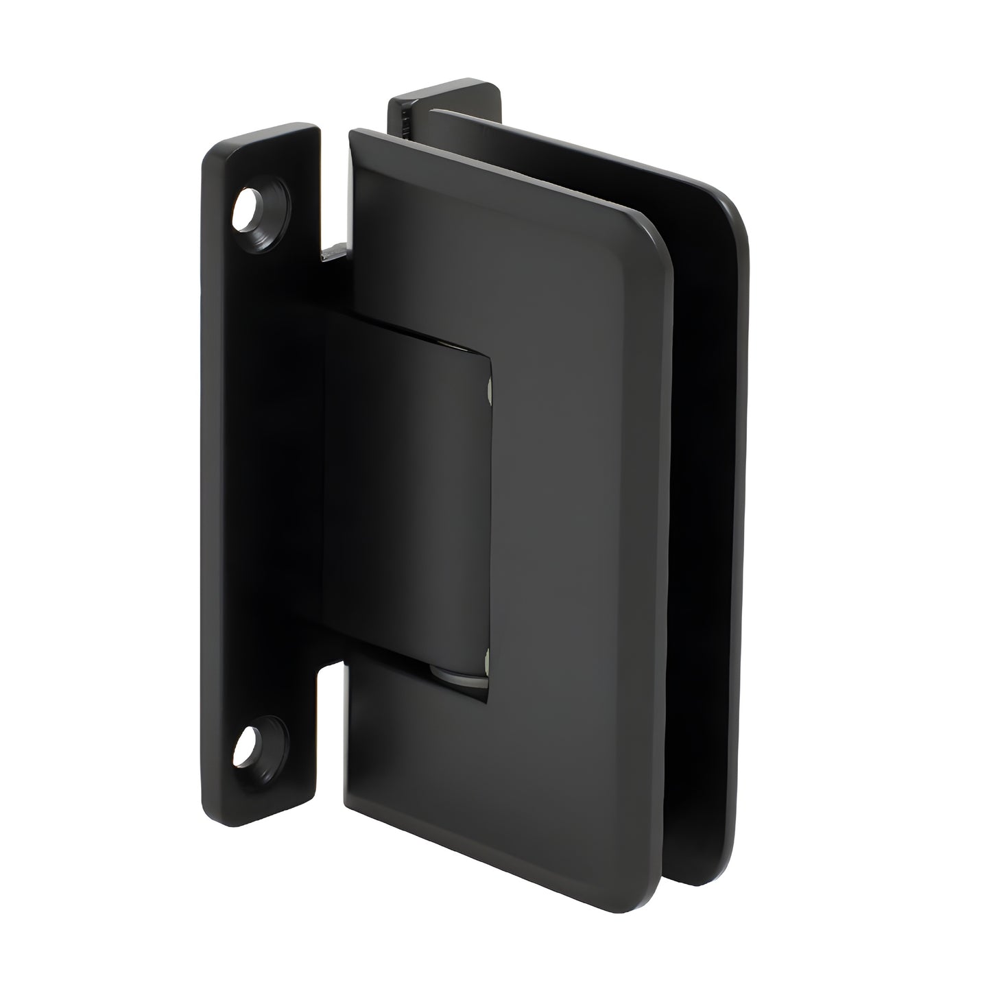 Matte black Pinnacle glass shower hinge (SKU P1N037MBL) - wall-mount H back plate, beveled edge for 8-12mm tempered glass.