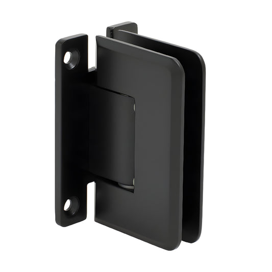 Matte black Pinnacle glass shower hinge (SKU P1N037MBL) - wall-mount H back plate, beveled edge for 8-12mm tempered glass.
