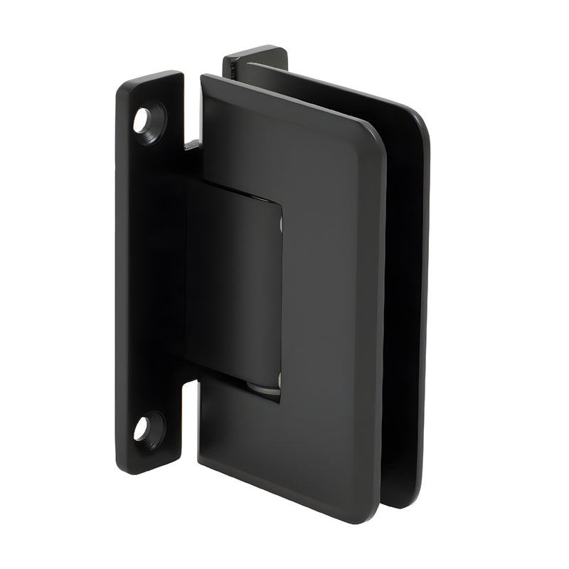 Matte black Pinnacle glass shower hinge (SKU P1N037MBL) - wall-mount H back plate, beveled edge for 8-12mm tempered glass.