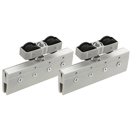 CRL3986 silver tandem roller hanger assemblies for 5/16-1/2 tempered glass sliding doors, adjustable height.