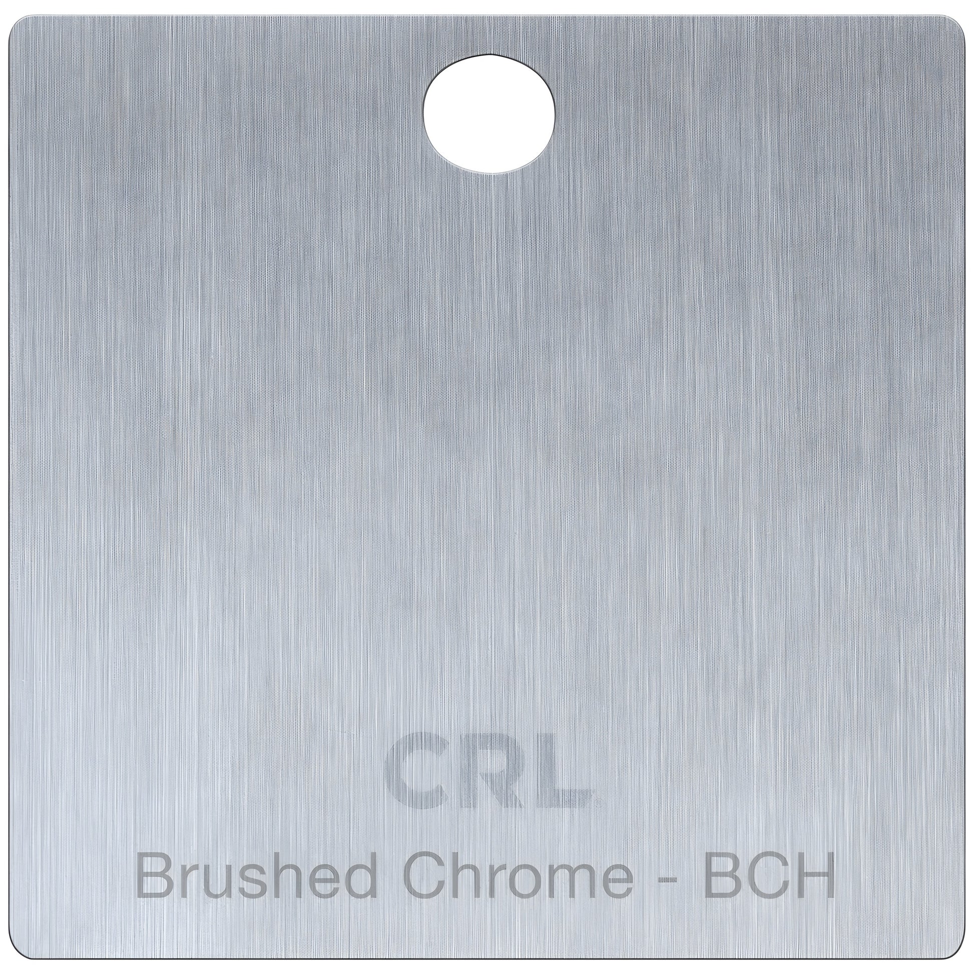 Brushed chrome hinge finish sample chip (CH2PBCH), square with rounded corners and top hanging hole, vertical grain.