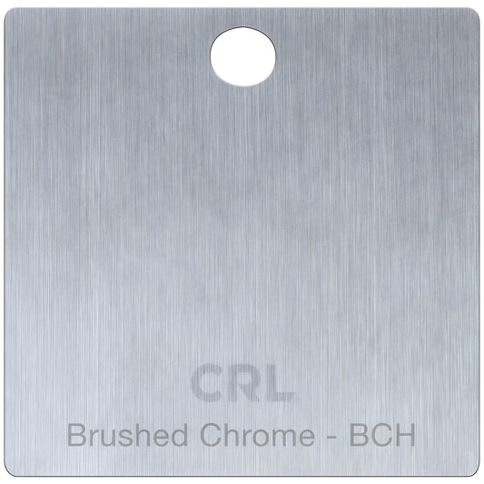 Brushed chrome hinge finish sample chip (CH2PBCH), square with rounded corners and top hanging hole, vertical grain.