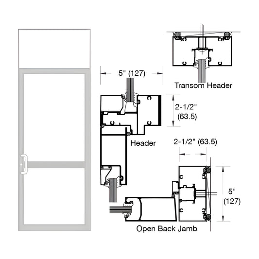 Clear Anodized Class 1 single transom impact door frame, 2-1/2" x 5", prepped for butt hinges - SKU 0P61511