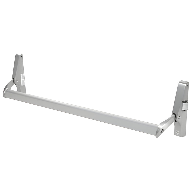 Satin aluminum DL1190RHRA 48in panic exit bar (rim/vertical rods), field-cuttable crossbar, mounting hardware.