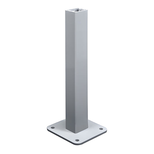 Silver metallic aluminum surface-mount stanchion, PSTBP8S - 1-1/2" x 2" x 24", baseplate for 2-3/8" post.