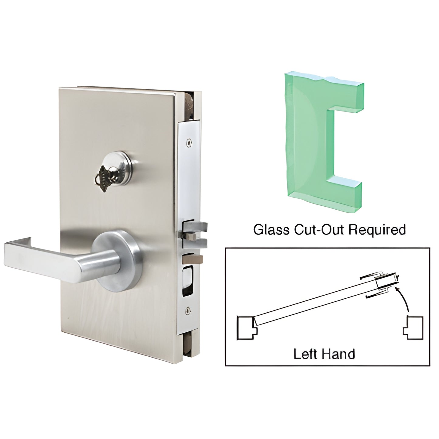Brushed stainless steel center lock for 1/2" (12mm) glass doors, 6x10 in, left-hand DL610L0BS
