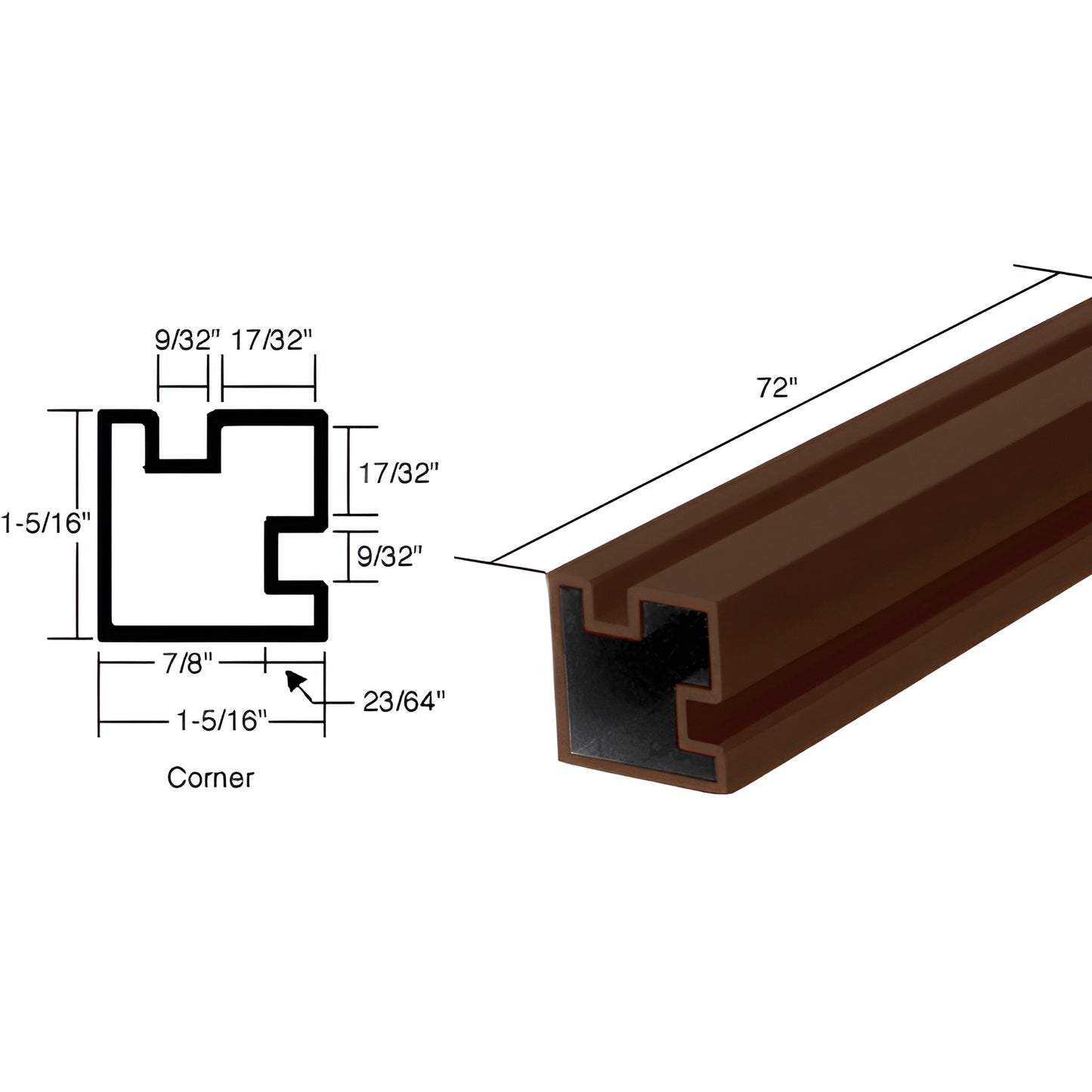 Sculptured Series 90 corner aluminum post, dark bronze anodized, 72 in, recessed pocket for 5.5-6mm glazing.