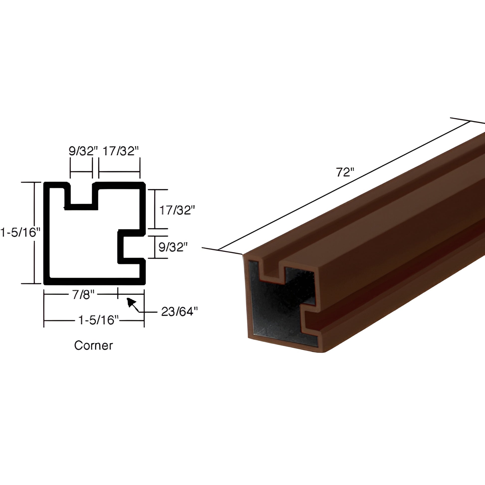 Sculptured Series 90 corner aluminum post, dark bronze anodized, 72 in, recessed pocket for 5.5-6mm glazing.