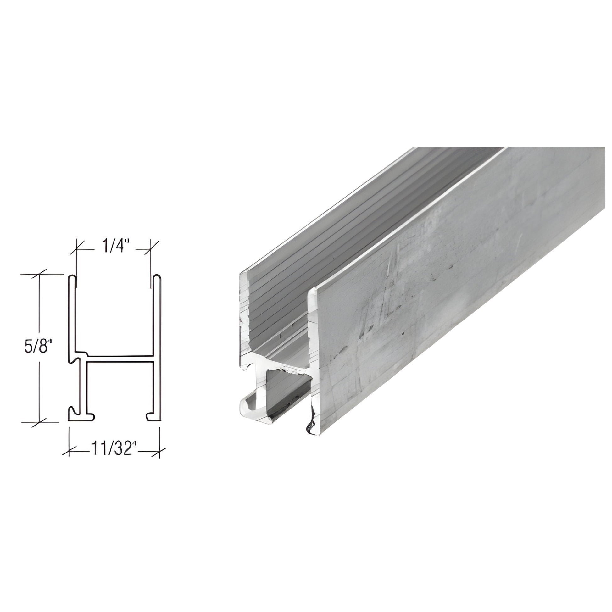 Mill-finish aluminum triple-track window frame (CRL PL14189), 72 in length, 5/8 in height, 1/4 in inside width.