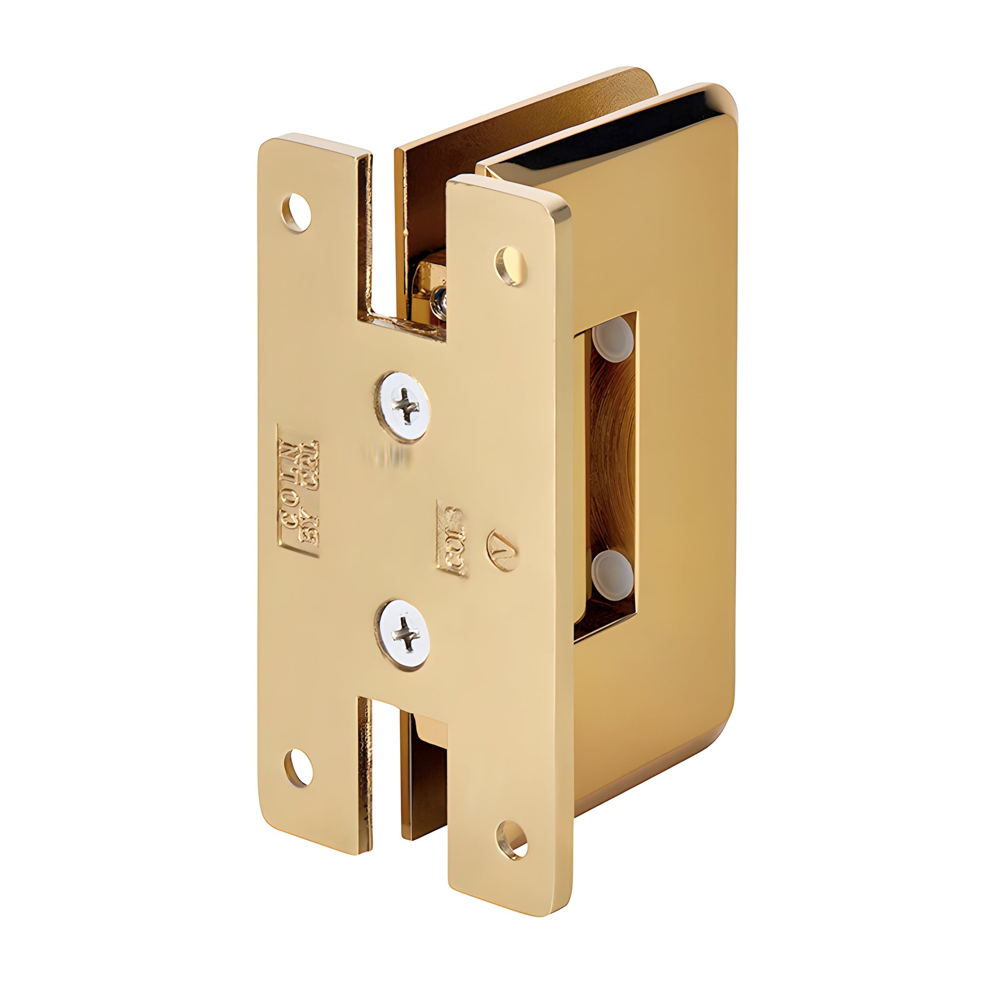 French gold brass Cologne shower door hinge, wall mount "H" back plate, beveled edges, fits 3/8-1/2" glass.