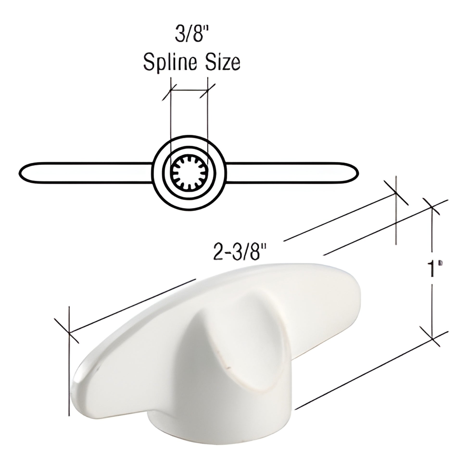 White CRL T-crank handle (SKU H4097) for Andersen casement, steel, 3/8" spline, 2-3/8" long, 1" high.