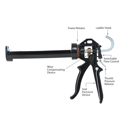 CRL Cox 18:1 Extra Thrust caulking gun (WG41004XT), black diecast frame with ergonomic trigger and rotating strap barrel.