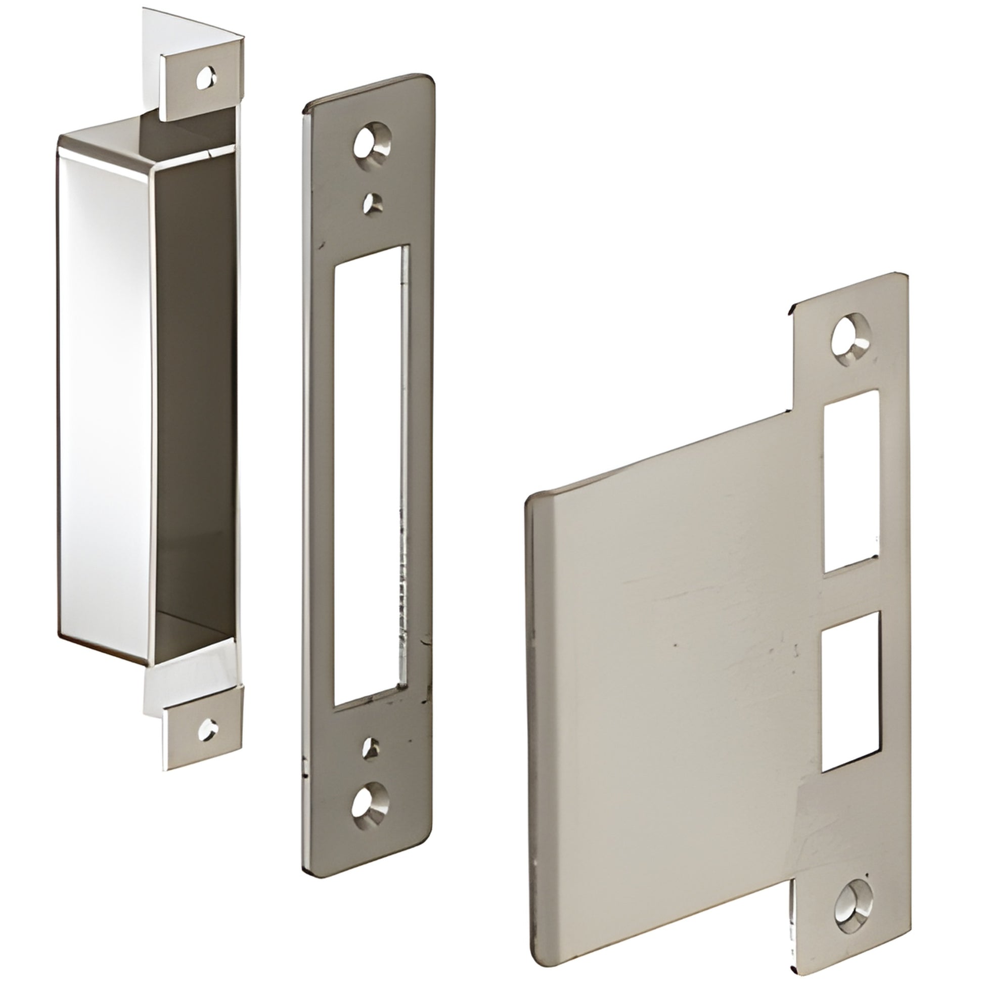 DLL6660 right-hand 6x10 center lock strike set, brushed stainless steel, includes dust box and backup plate