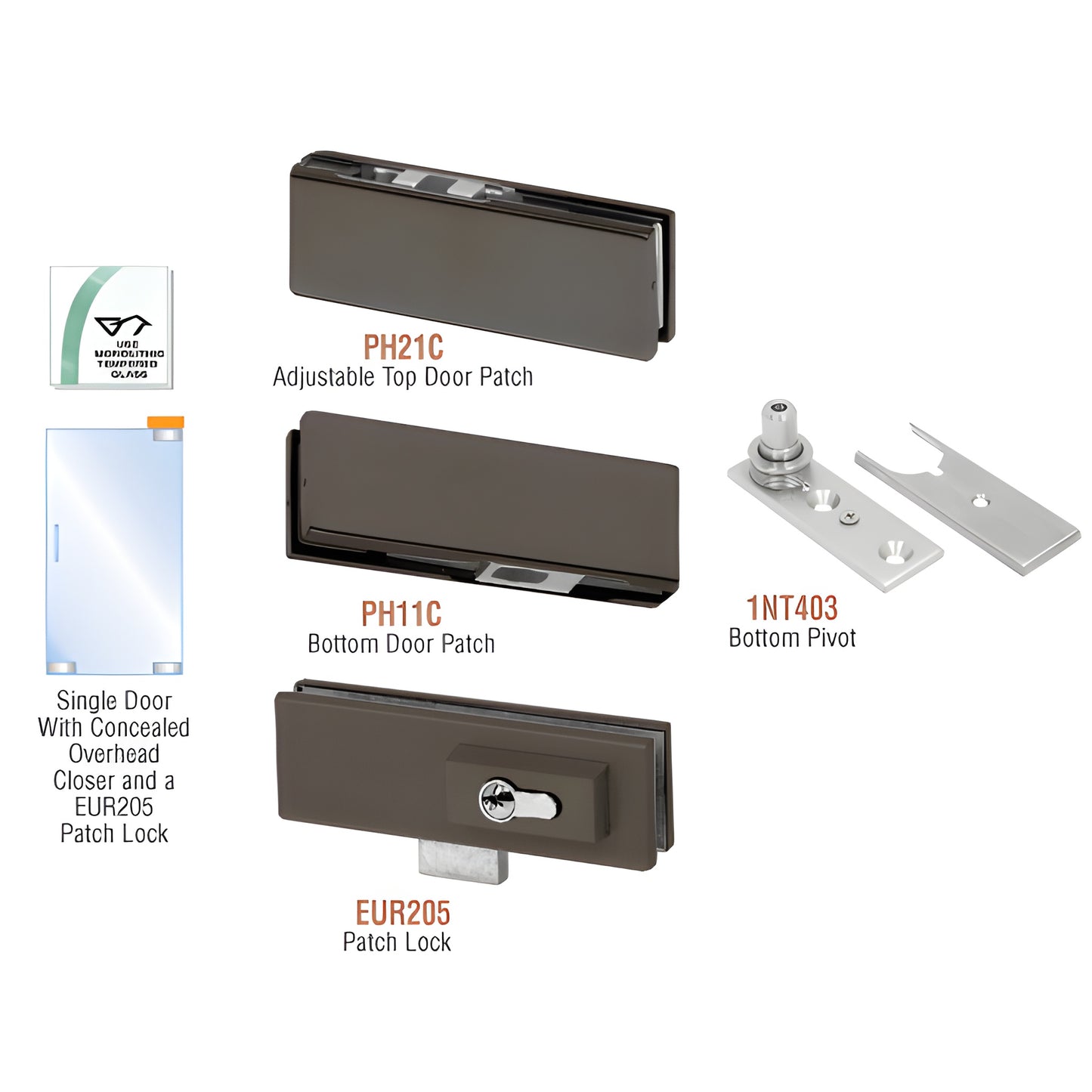 CRL PHE2LDU European patch door kit: black bronze adjustable top/bottom patches, bottom pivot and patch lock for single glass