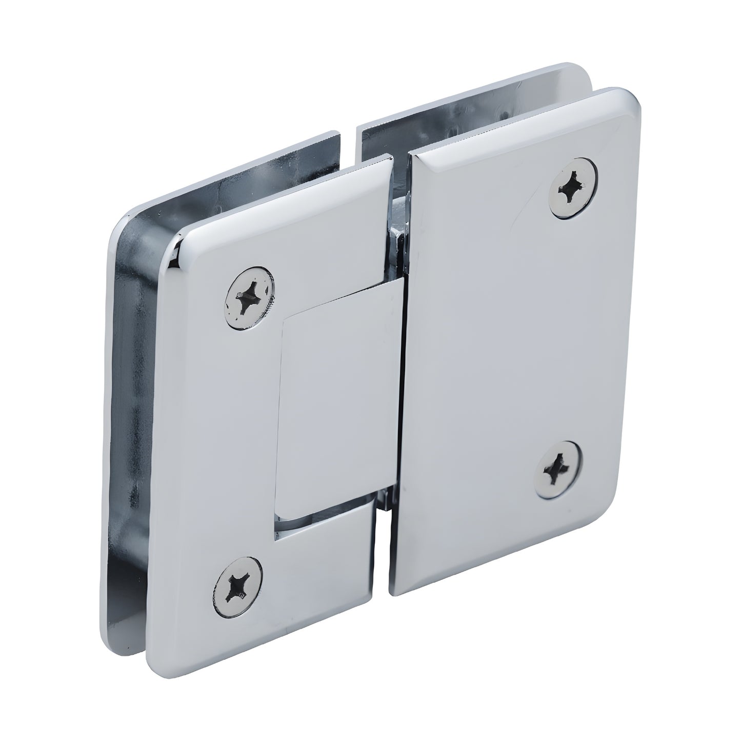 P1N580CH Pinnacle polished chrome brass frameless glass-to-glass shower hinge, beveled edges, self-centering pivot.