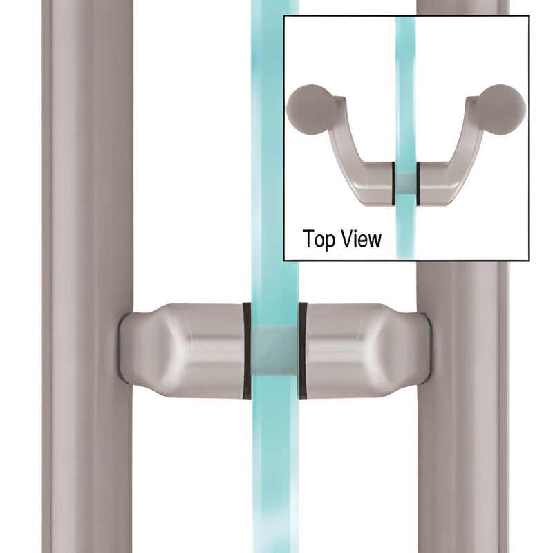LP0BS brushed stainless steel offset mid-posts mounted on glass ladder pull between two rails.