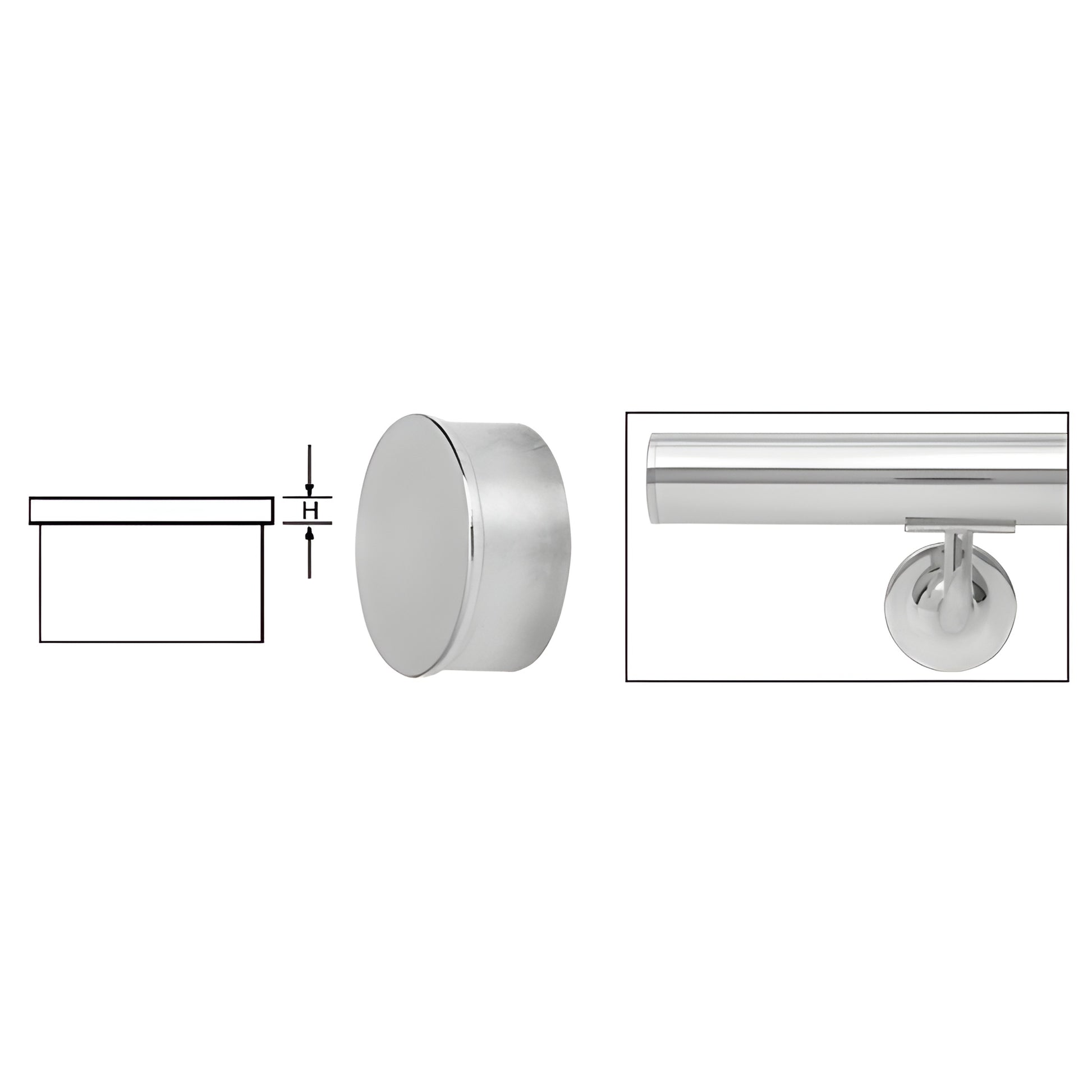 HR15FPS polished stainless steel round end cap for 1-1/2 in (38 mm) handrail tubing, 1/8 in thick.